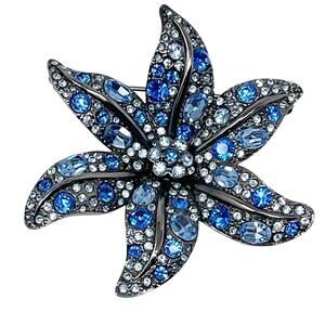 Carolee Limited Edition 2000 Blue Rhinestone Starburst Flowe Brooch Pin Pewter
